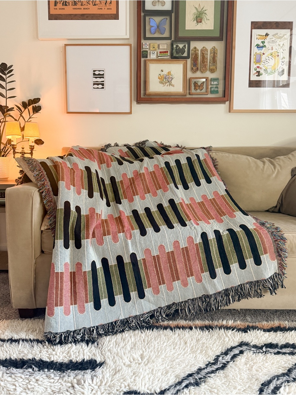 Woven MCM Geometric Throw Blanket or Wall Tapestry in Coral, Olive & Light Blue